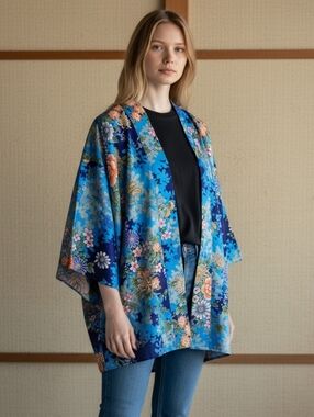 Blue Floral Japanese Kimono Cardigan
